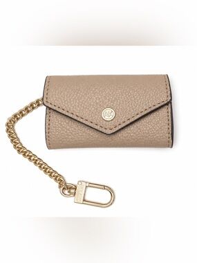 Anne Klein Pebbled Taupe Leather Key & Card Holder with Gold Chain 3”x4” NWOT